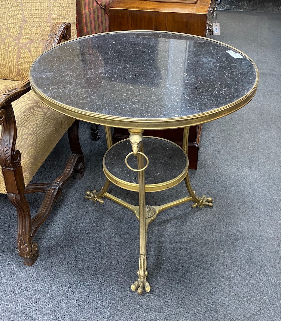 A French taste gilt metal and two tier circular green marble topped table, diameter 74cm, height 74cm